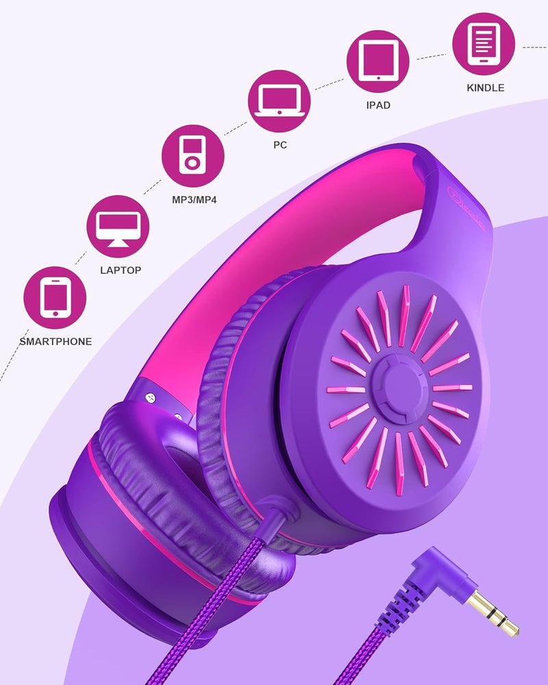 ELECDER i45 Headphones Wired, On-Ear Headphones with Microphone, Foldable Stereo Bass, 1.5M No-Tangle Cord, Portable 3.5MM Headset for School Kids Teens Smartphones Computer PC Tablet Travel, Purple - Image 5